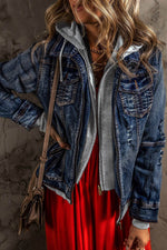 Load image into Gallery viewer, Dark Blue Fake Two-Piece Hooded Zip-Up Denim Jacket - Fashion Queen -  1
