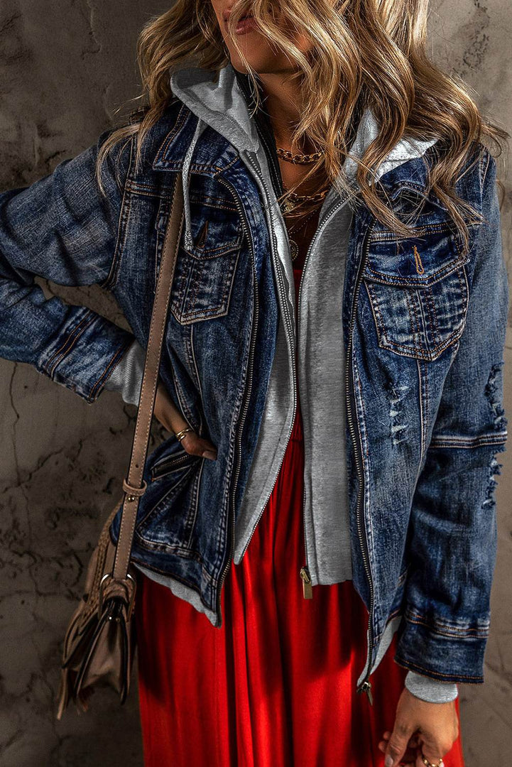 Dark Blue Fake Two-Piece Hooded Zip-Up Denim Jacket - Fashion Queen -  1