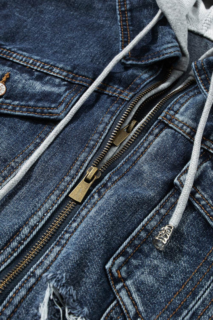 Dark Blue Fake Two-Piece Hooded Zip-Up Denim Jacket - Fashion Queen -  10