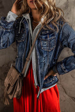 Load image into Gallery viewer, Dark Blue Fake Two-Piece Hooded Zip-Up Denim Jacket - Fashion Queen -  3
