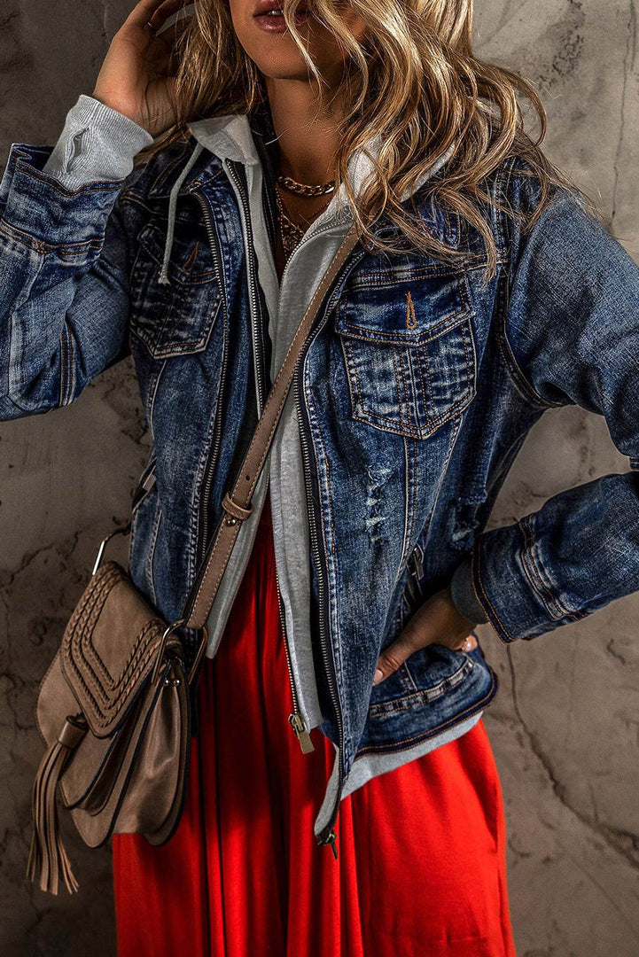 Dark Blue Fake Two-Piece Hooded Zip-Up Denim Jacket - Fashion Queen -  3