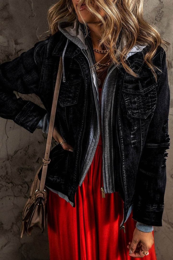 Dark Blue Fake Two-Piece Hooded Zip-Up Denim Jacket - Fashion Queen -  4