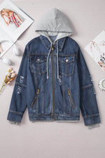 Load image into Gallery viewer, Dark Blue Fake Two-Piece Hooded Zip-Up Denim Jacket - Fashion Queen -  7
