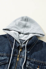Load image into Gallery viewer, Dark Blue Fake Two-Piece Hooded Zip-Up Denim Jacket - Fashion Queen -  9
