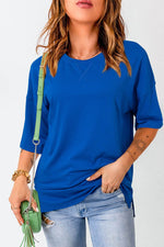 Load image into Gallery viewer, Dark Blue Longline Short Sleeve Side Slit Drop Shoulder Top - Fashion Queen -  1
