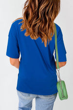 Load image into Gallery viewer, Dark Blue Longline Short Sleeve Side Slit Drop Shoulder Top - Fashion Queen -  2
