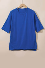 Load image into Gallery viewer, Dark Blue Longline Short Sleeve Side Slit Drop Shoulder Top - Fashion Queen -  7
