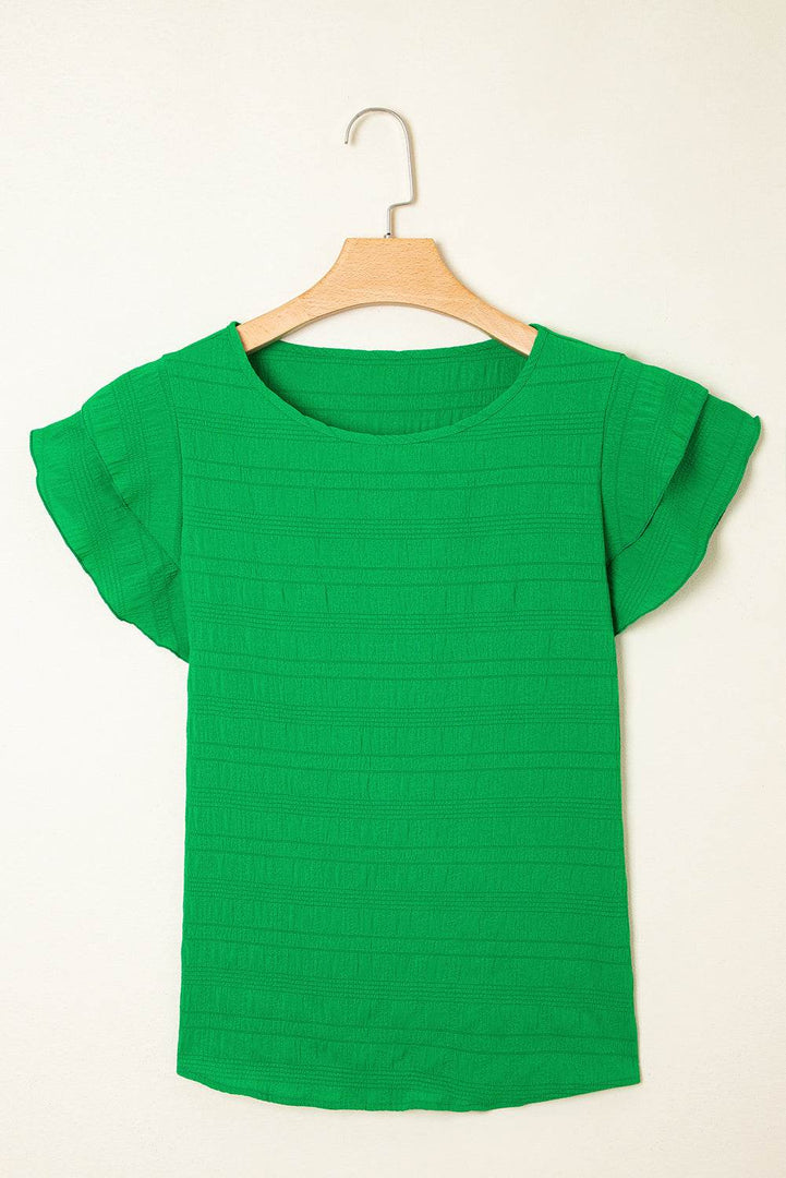 Dark Blue Textured Ruffled Sleeve Round Neck Top - Fashion Queen -  13