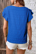 Load image into Gallery viewer, Dark Blue Textured Ruffled Sleeve Round Neck Top - Fashion Queen -  2
