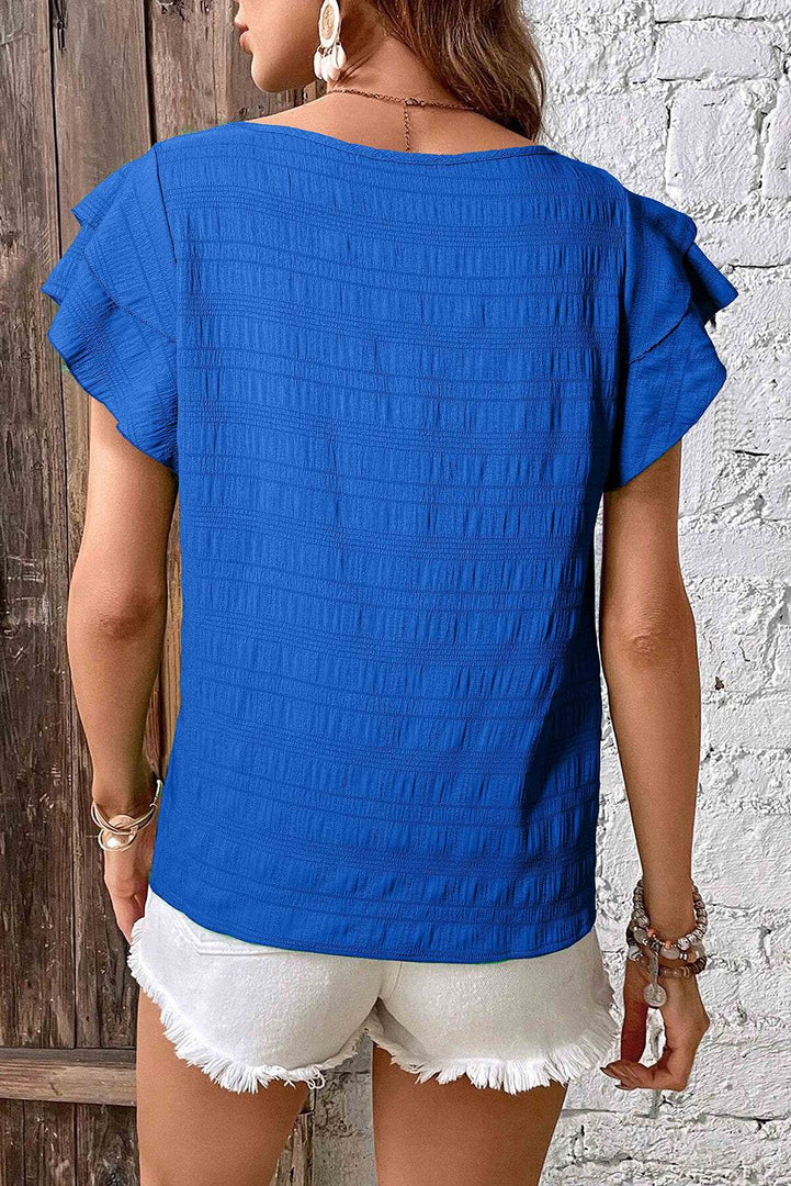Dark Blue Textured Ruffled Sleeve Round Neck Top - Fashion Queen -  2
