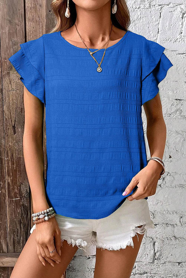 Dark Blue Textured Ruffled Sleeve Round Neck Top - Fashion Queen -  3