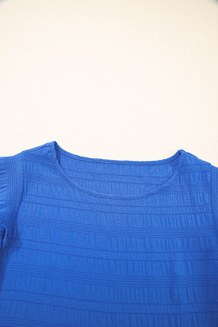 Dark Blue Textured Ruffled Sleeve Round Neck Top - Fashion Queen -  6