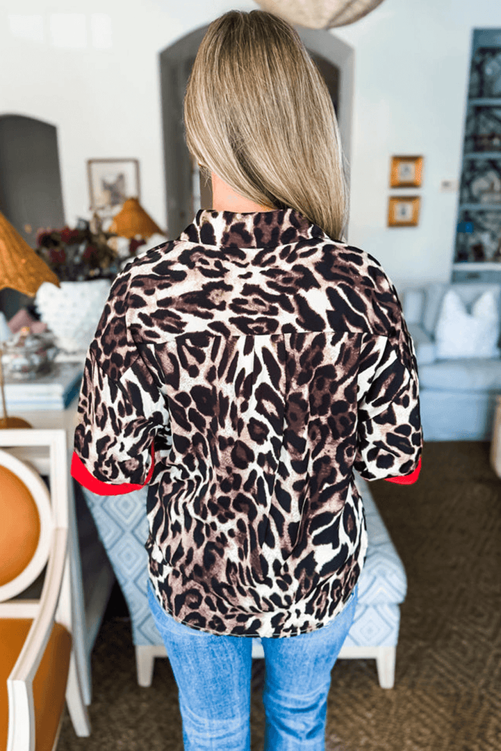Dark Brown Contrast Trim Patchwork Leopard Print Half Sleeve Shirt - Fashion Queen -  2