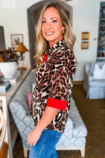 Load image into Gallery viewer, Dark Brown Contrast Trim Patchwork Leopard Print Half Sleeve Shirt - Fashion Queen -  3
