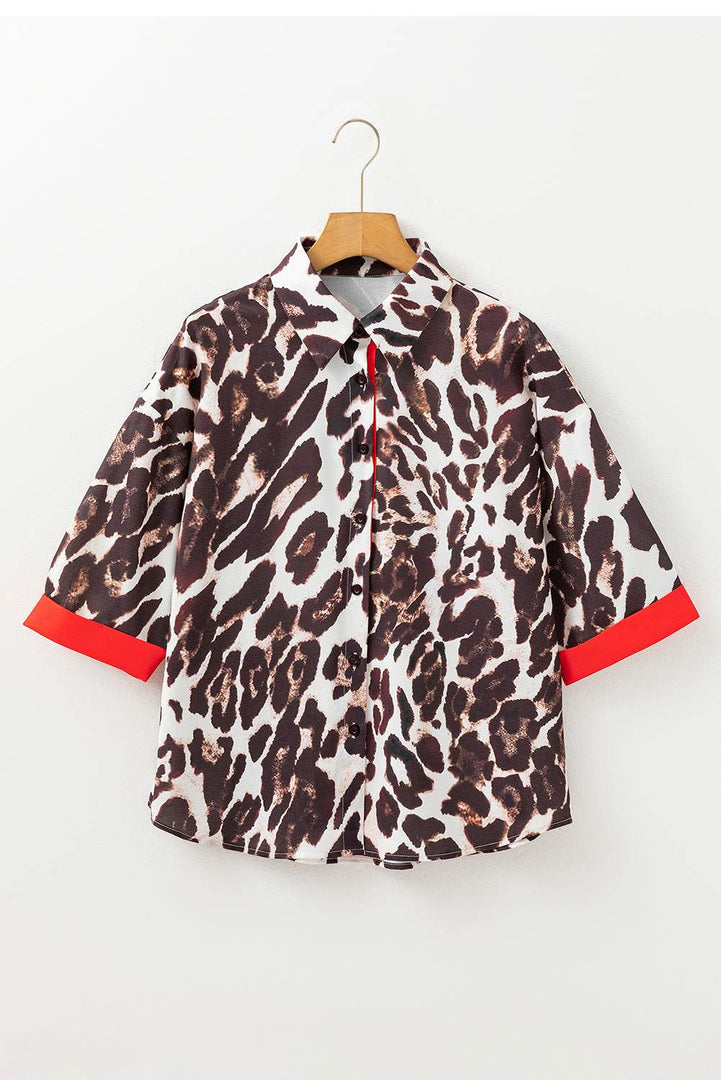 Dark Brown Contrast Trim Patchwork Leopard Print Half Sleeve Shirt - Fashion Queen -  5