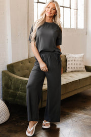 Dark Grey Drawstring Side Crewneck Tee and Loose Pants Set - Fashion Queen -  1