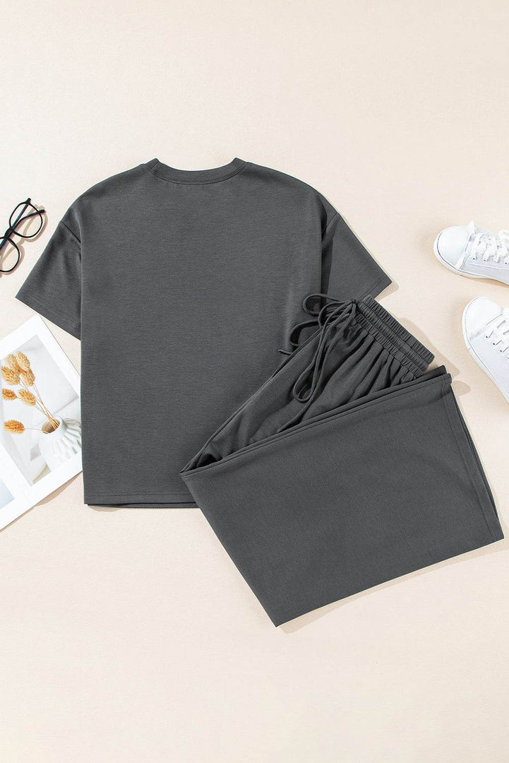 Dark Grey Drawstring Side Crewneck Tee and Loose Pants Set - Fashion Queen -  12