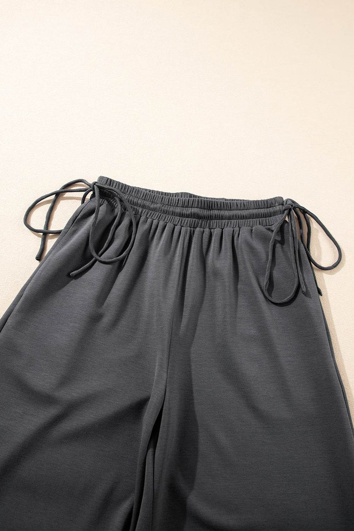 Dark Grey Drawstring Side Crewneck Tee and Loose Pants Set - Fashion Queen -  16