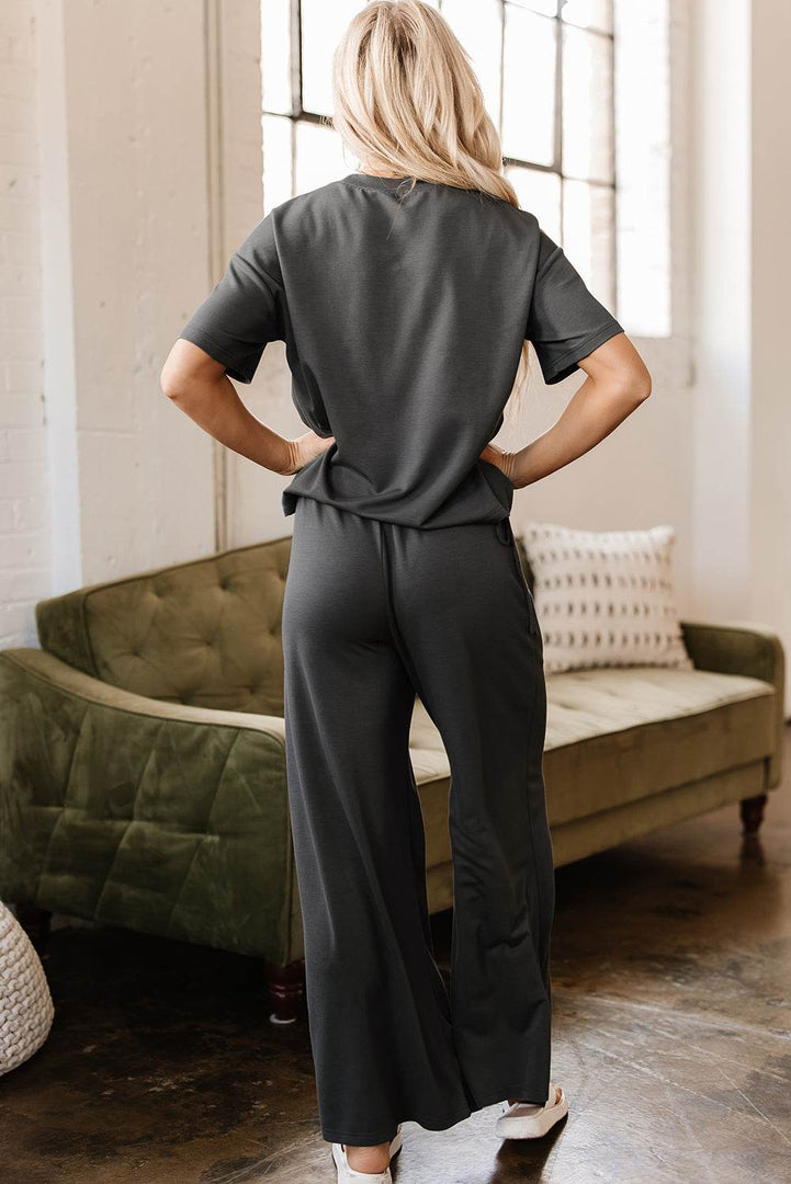 Dark Grey Drawstring Side Crewneck Tee and Loose Pants Set - Fashion Queen -  2