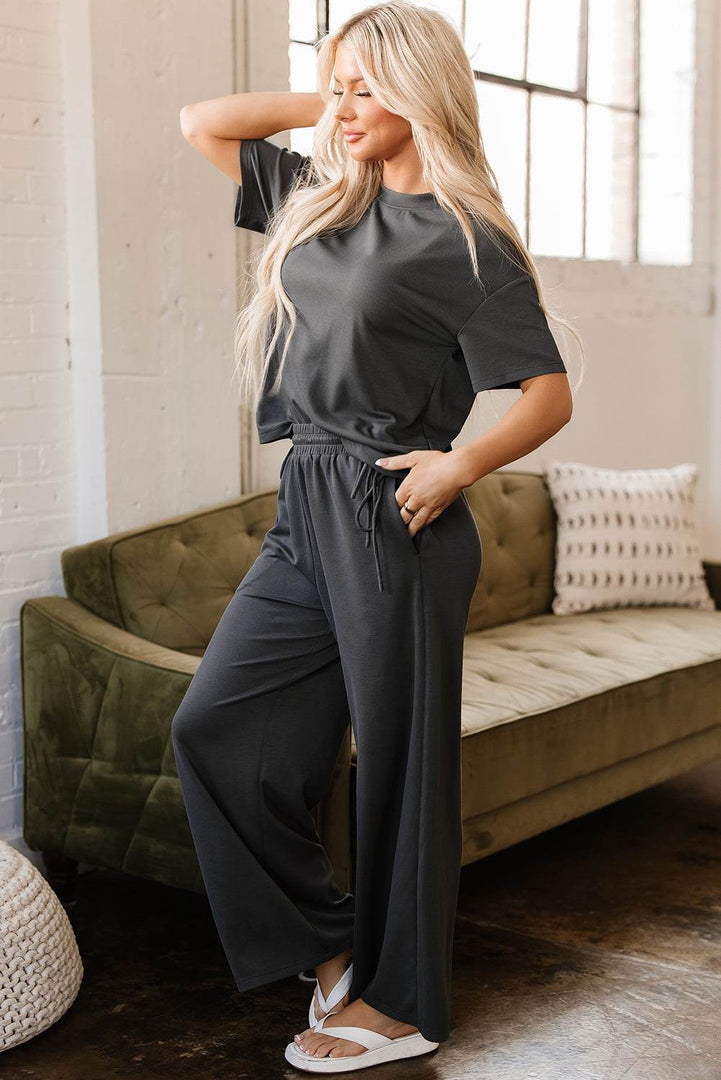 Dark Grey Drawstring Side Crewneck Tee and Loose Pants Set - Fashion Queen -  3