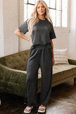 Load image into Gallery viewer, Dark Grey Drawstring Side Crewneck Tee and Loose Pants Set - Fashion Queen -  4
