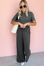 Load image into Gallery viewer, Dark Grey Drawstring Side Crewneck Tee and Loose Pants Set - Fashion Queen -  9
