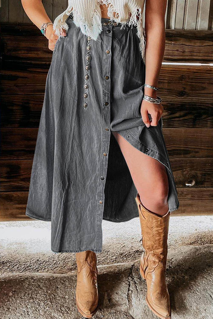 Dark Grey Fully Buttoned Long Denim Skirt - Fashion Queen -  1