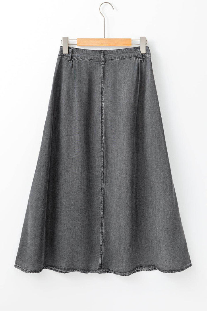 Dark Grey Fully Buttoned Long Denim Skirt - Fashion Queen -  4