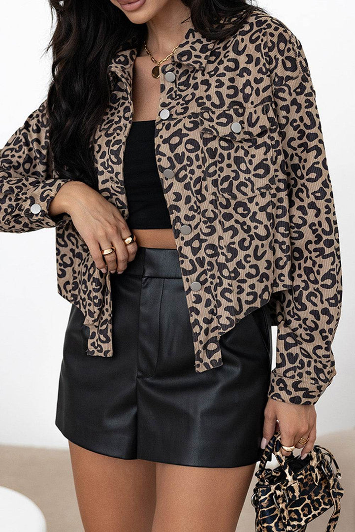 Dark Khaki Leopard Print Corduroy Irregular Hem Buttoned Jacket - Fashion Queen -  1
