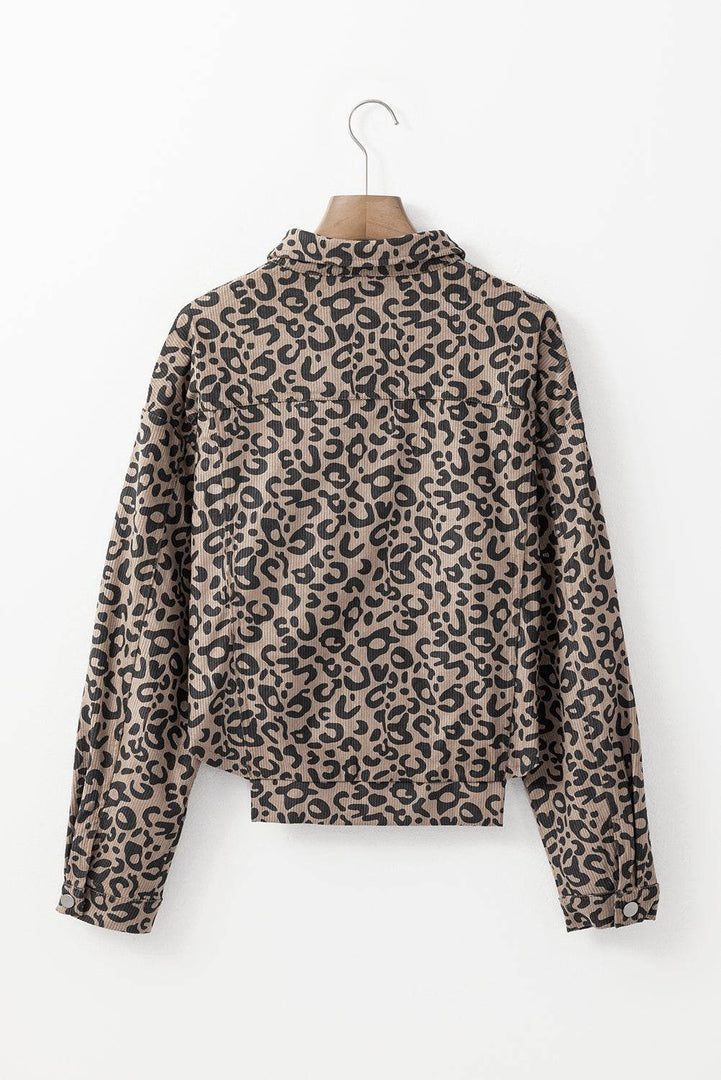 Dark Khaki Leopard Print Corduroy Irregular Hem Buttoned Jacket - Fashion Queen -  10