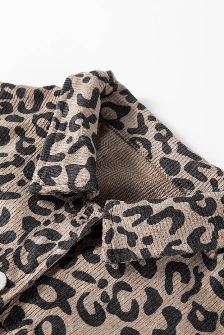 Dark Khaki Leopard Print Corduroy Irregular Hem Buttoned Jacket - Fashion Queen -  11
