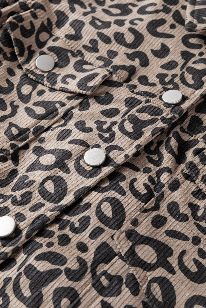 Dark Khaki Leopard Print Corduroy Irregular Hem Buttoned Jacket - Fashion Queen -  12