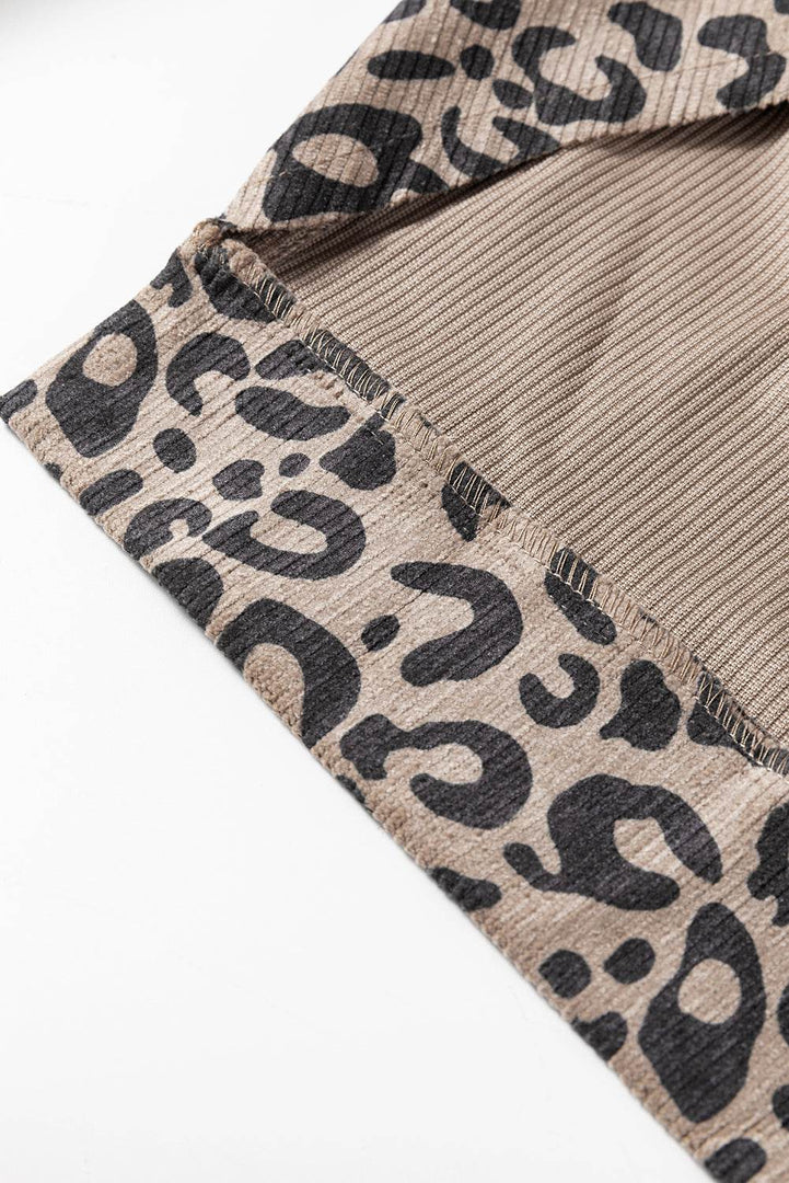 Dark Khaki Leopard Print Corduroy Irregular Hem Buttoned Jacket - Fashion Queen -  15