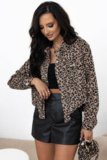 Load image into Gallery viewer, Dark Khaki Leopard Print Corduroy Irregular Hem Buttoned Jacket - Fashion Queen -  4
