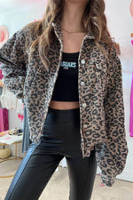 Load image into Gallery viewer, Dark Khaki Leopard Print Corduroy Irregular Hem Buttoned Jacket - Fashion Queen -  7
