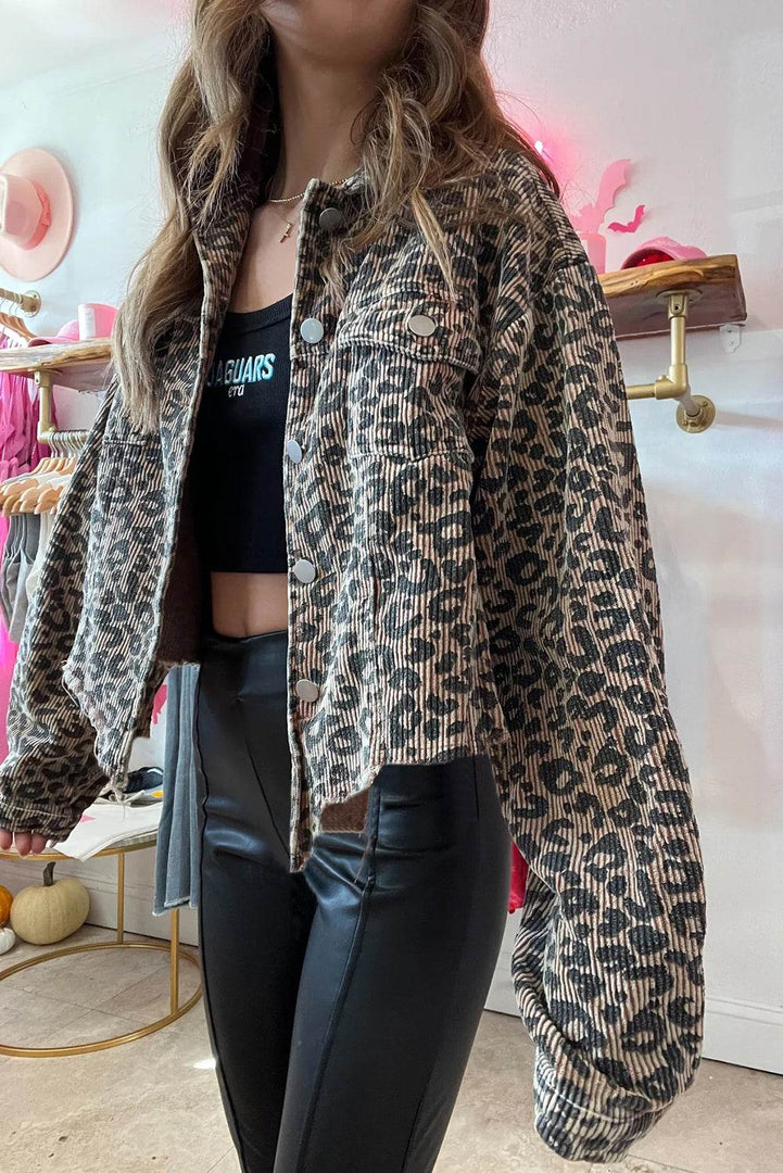 Dark Khaki Leopard Print Corduroy Irregular Hem Buttoned Jacket - Fashion Queen -  8