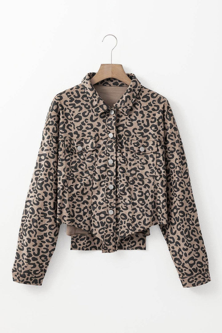 Dark Khaki Leopard Print Corduroy Irregular Hem Buttoned Jacket - Fashion Queen -  9