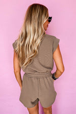 Load image into Gallery viewer, Dark Khaki Textured Short Sleeve Half Zip Drawstring Waist Romper - Fashion Queen -  10
