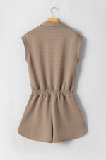 Load image into Gallery viewer, Dark Khaki Textured Short Sleeve Half Zip Drawstring Waist Romper - Fashion Queen -  14
