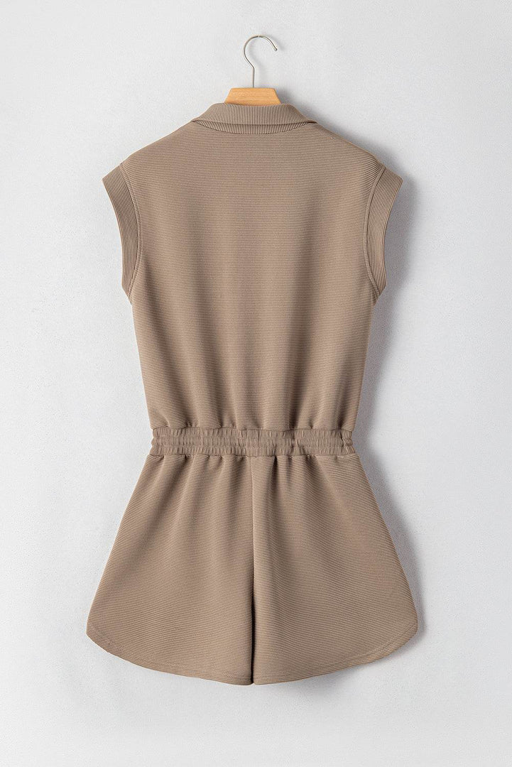 Dark Khaki Textured Short Sleeve Half Zip Drawstring Waist Romper - Fashion Queen -  14