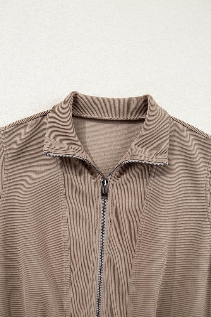 Dark Khaki Textured Short Sleeve Half Zip Drawstring Waist Romper - Fashion Queen -  15