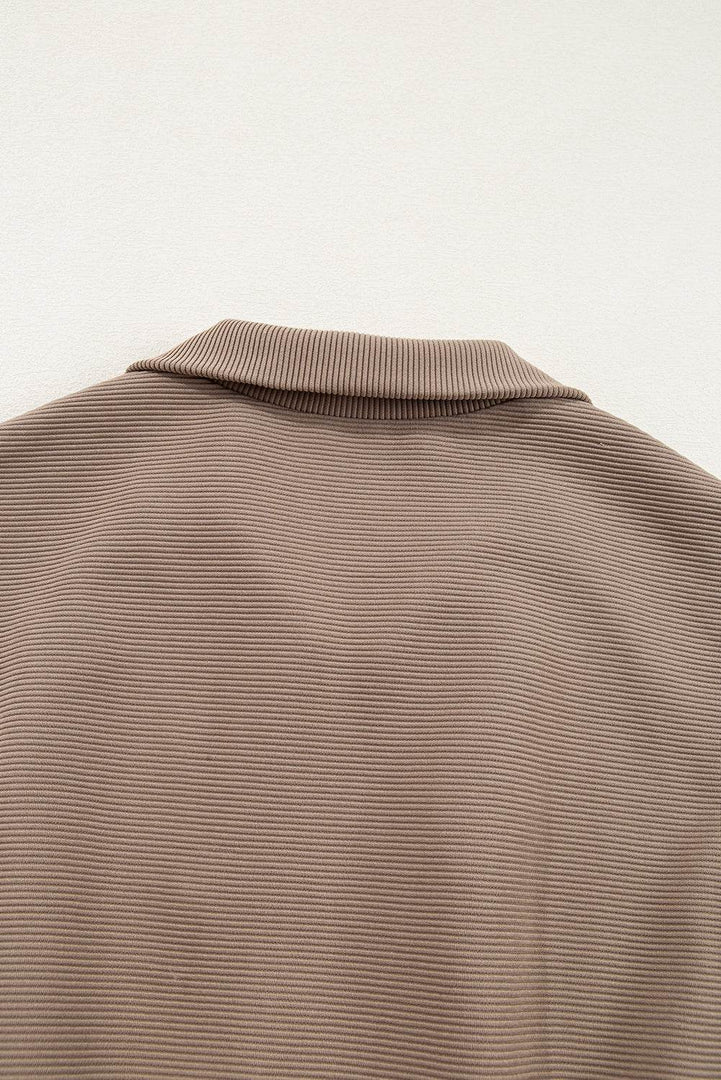 Dark Khaki Textured Short Sleeve Half Zip Drawstring Waist Romper - Fashion Queen -  20
