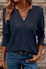 Load image into Gallery viewer, Dirty blue Notch V Neck Pocket Patched Long Sleeve T Shirt - Fashion Queen -  1
