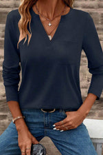 Load image into Gallery viewer, Dirty blue Notch V Neck Pocket Patched Long Sleeve T Shirt - Fashion Queen -  3
