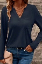 Load image into Gallery viewer, Dirty blue Notch V Neck Pocket Patched Long Sleeve T Shirt - Fashion Queen -  4
