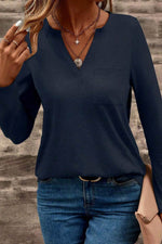 Load image into Gallery viewer, Dirty blue Notch V Neck Pocket Patched Long Sleeve T Shirt - Fashion Queen -  5
