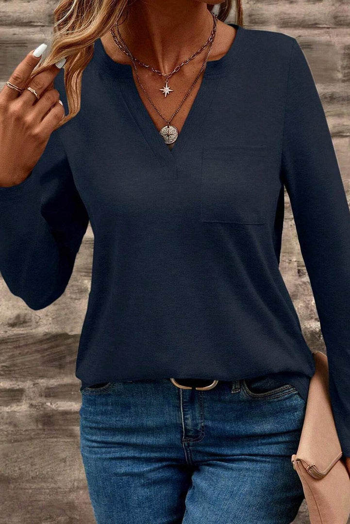 Dirty blue Notch V Neck Pocket Patched Long Sleeve T Shirt - Fashion Queen -  5
