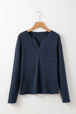 Load image into Gallery viewer, Dirty blue Notch V Neck Pocket Patched Long Sleeve T Shirt - Fashion Queen -  7
