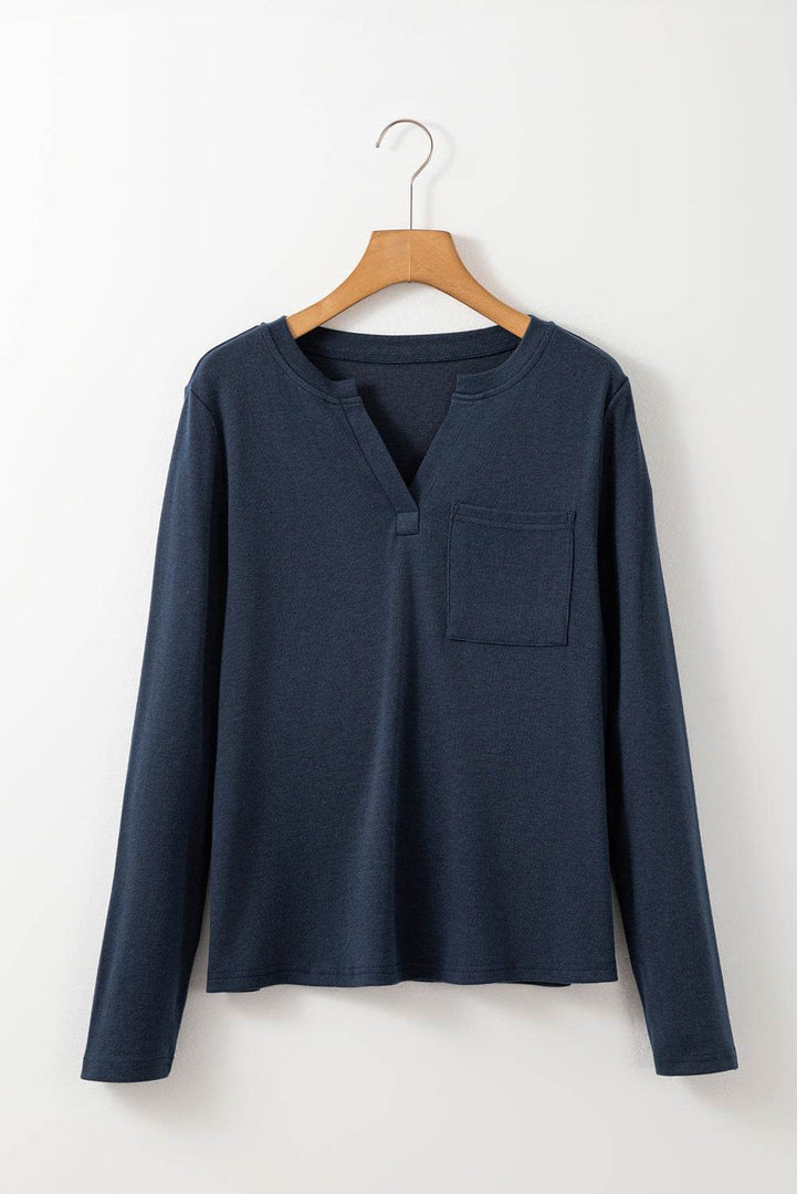Dirty blue Notch V Neck Pocket Patched Long Sleeve T Shirt - Fashion Queen -  7