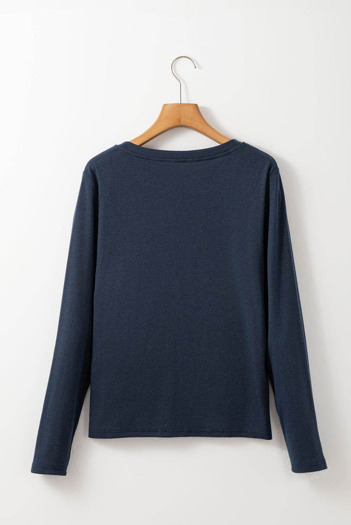 Dirty blue Notch V Neck Pocket Patched Long Sleeve T Shirt - Fashion Queen -  8